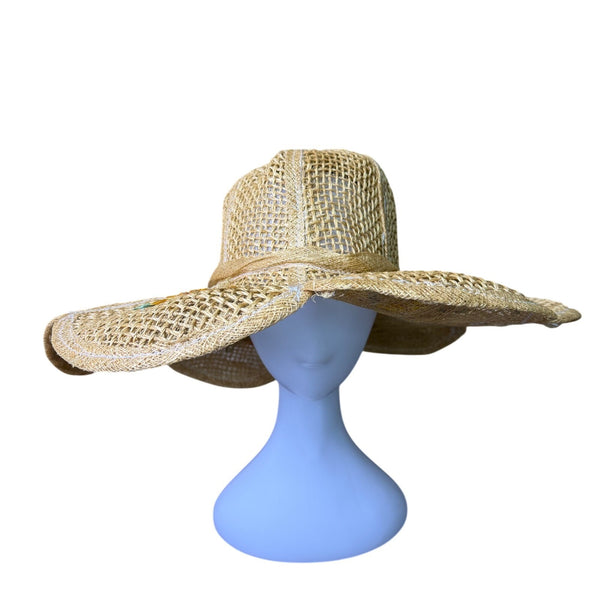 Straw Women Beige Raffia Sun Hat Floral Embroidered Decorative Brim Bow