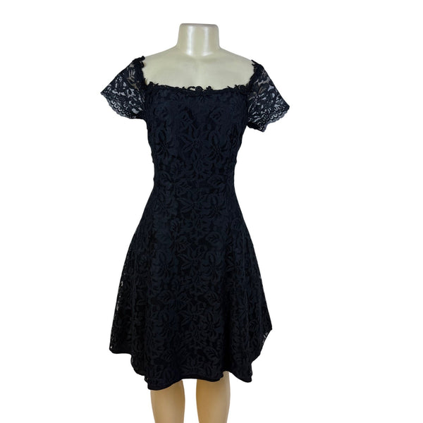 Vintage Roberta Elegant Black Lace Off-Shoulder Dress Short Sleeve A-Line