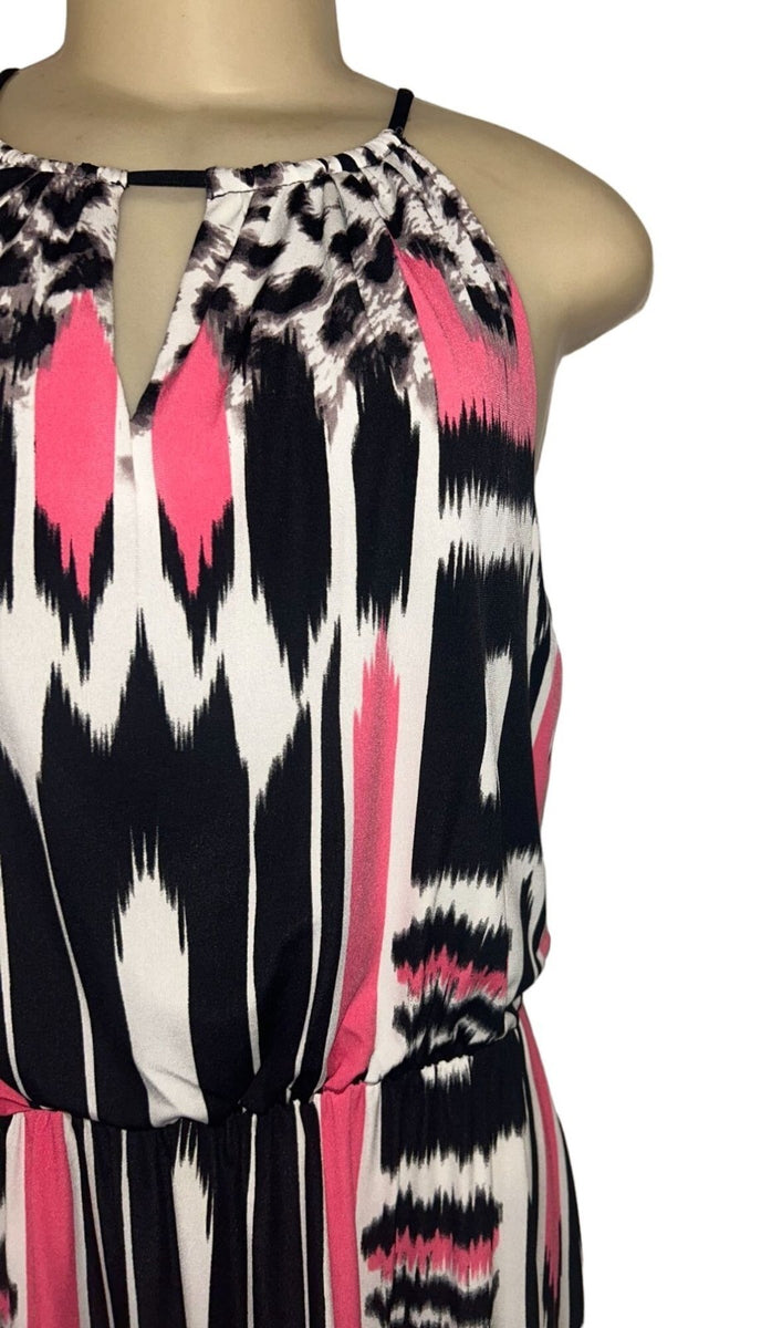 London Style Collection Womens Maxi Dress 12P Pink & Black Abstract Print Sleeve