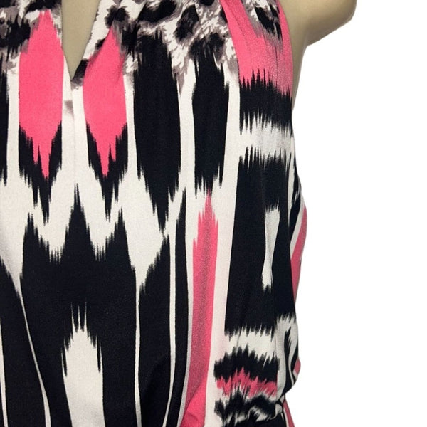 London Style Collection Womens Maxi Dress 12P Pink & Black Abstract Print Sleeve