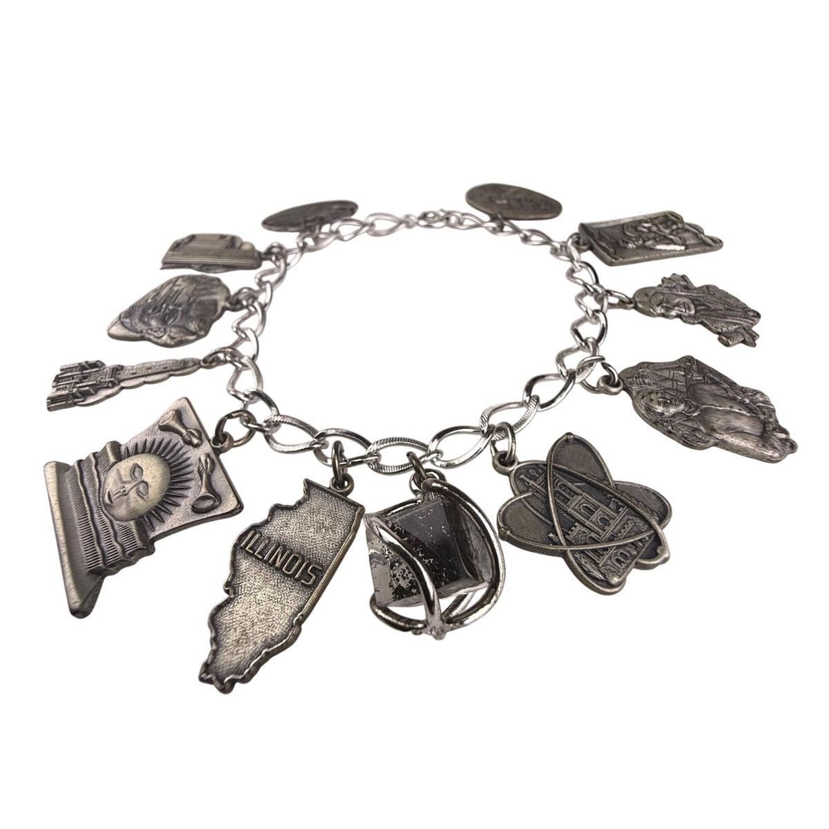 Vintage Silver Tone Illinois Theme Charm Bracelet 10 Charms Unique Collectible