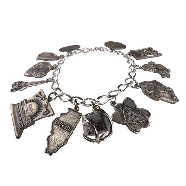 Vintage Silver Tone Illinois Theme Charm Bracelet 10 Charms Unique Collectible