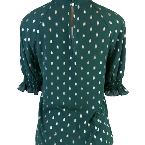 Ted Baker Womens Green Puff Sleeve Top Metallic Polka Dot Accent Size 1