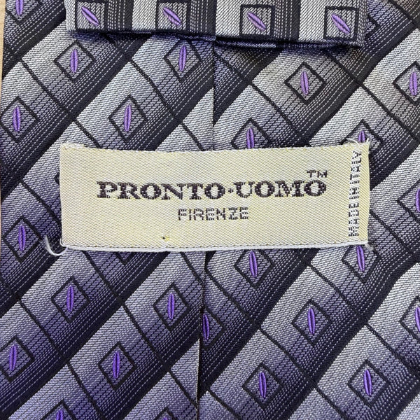 Pronto Uomo Mens Purple & Gray 100% Silk Tie Diamond Pattern Made In Italy