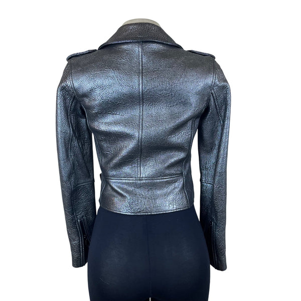 Michael Kors Silver Leather Moto Jacket Belted Zippers Stylish Modern Sz XXS