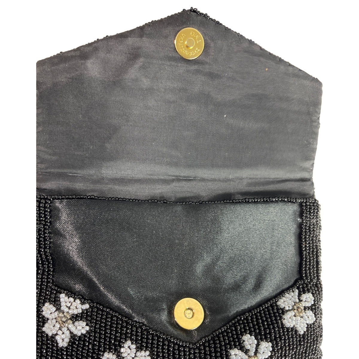 Handcrafted Women's Black Beaded Flowers Pattern Handbag Clutch Sz S