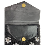 Handcrafted Women's Black Beaded Flowers Pattern Handbag Clutch Sz S