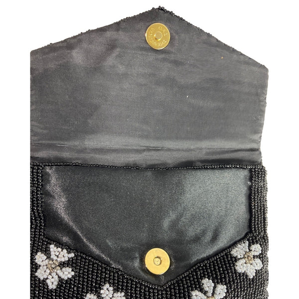 Handcrafted Women's Black Beaded Flowers Pattern Handbag Clutch Sz S