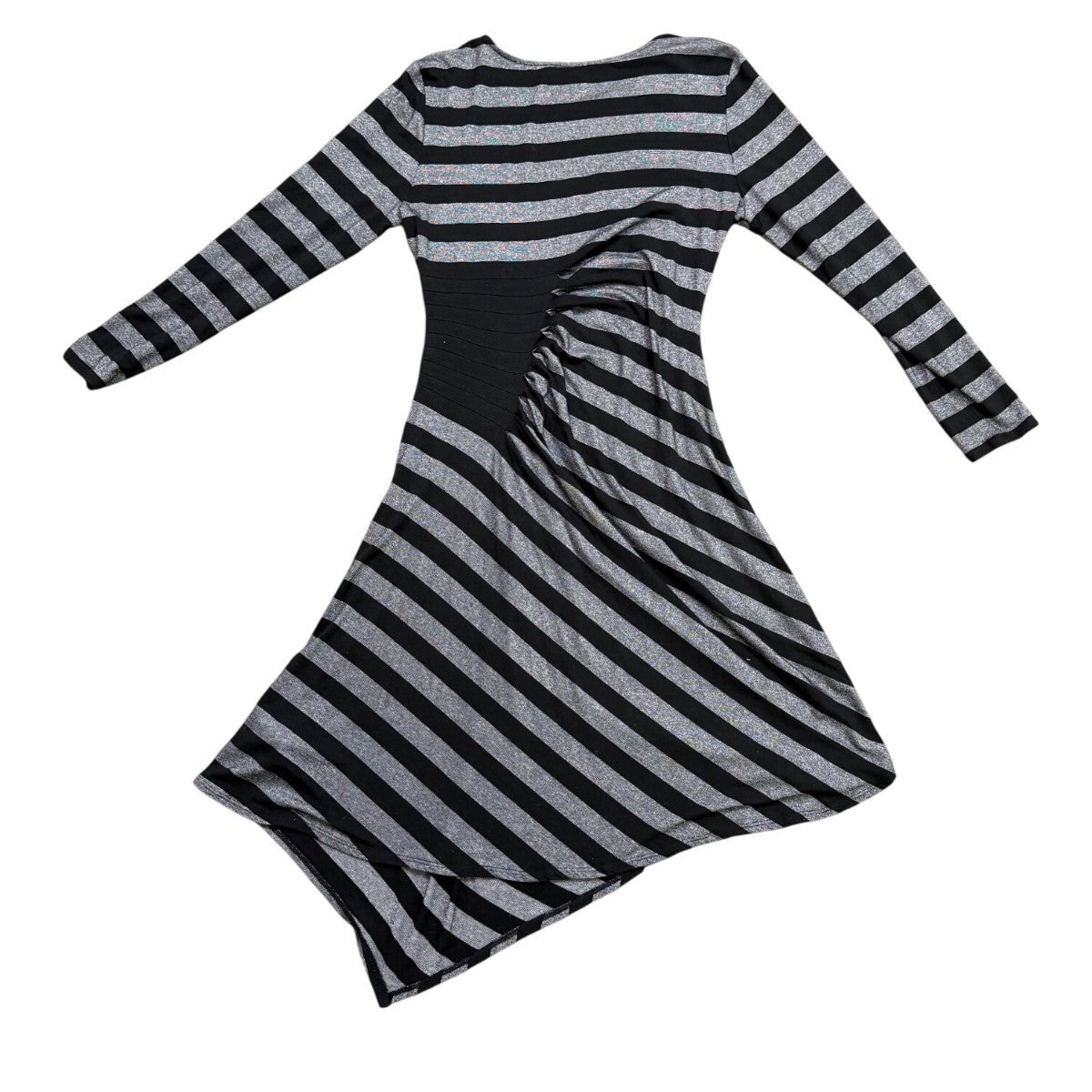 Beige By Eci Womens Black & Silver Striped Long Sleeve Asymmetric Dress Sz L