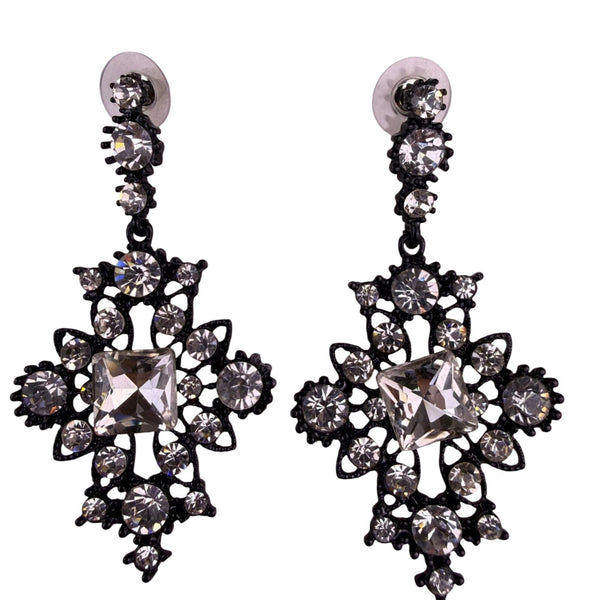 Black Filigree Womens Metal Drop Earrings Rhinestone Embellished Statement