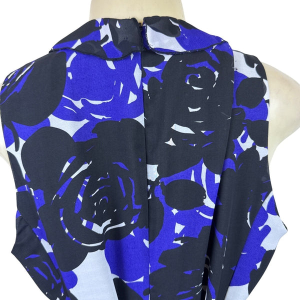 Trulli Women’s Blue Floral Sleeveless A-Line Dress With Ruffled Neckline Sz M