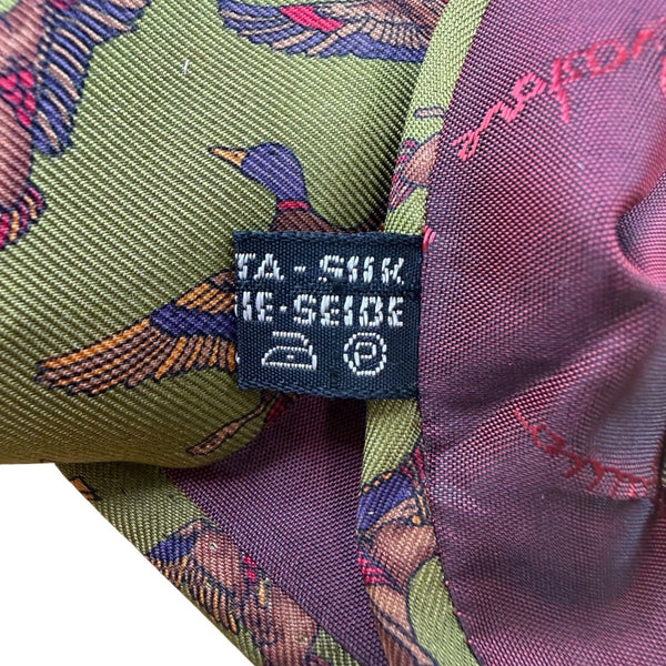 Ferragamo Mens Green Silk Tie Mallard Duck Animal Print Made In Italy