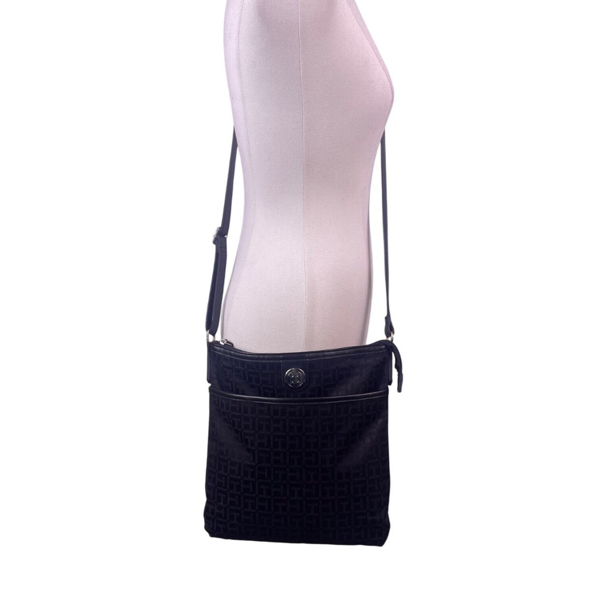Tommy Hilfiger Women’s Black Monogram Adjustable Strap Zippered Crossbody Bag