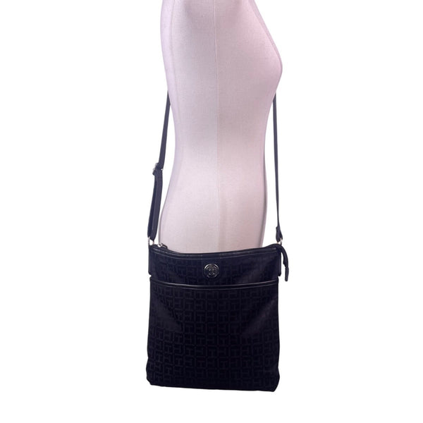 Tommy Hilfiger Women’s Black Monogram Adjustable Strap Zippered Crossbody Bag