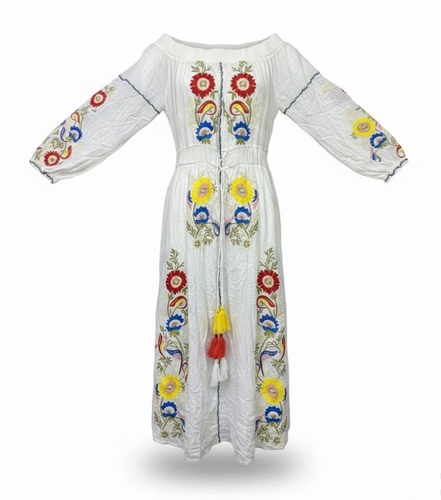 L’Atiste Women’s White Embroidered Off-Shoulder Maxi Dress Size S