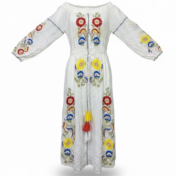 L’Atiste Women’s White Embroidered Off-Shoulder Maxi Dress Size S