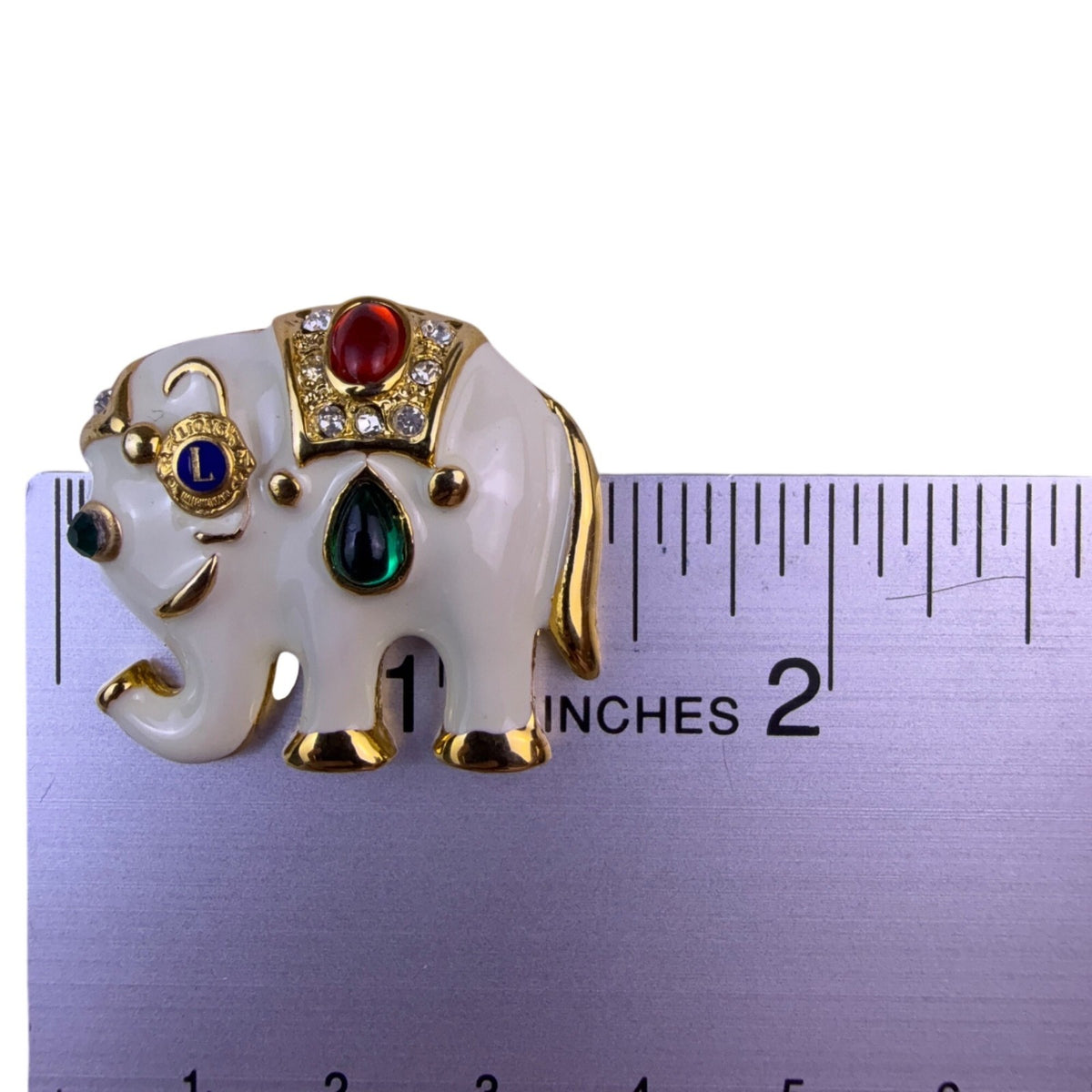 Lions Club Vintage Gold Tone Enamel Elephant Brooch With Rhinestones Details