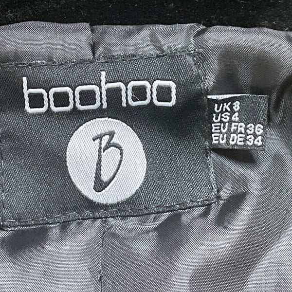 Boohoo Women's Black Faux Fur Hooded Parka Jacket Full-Zip Drawstring Waist Sz 4