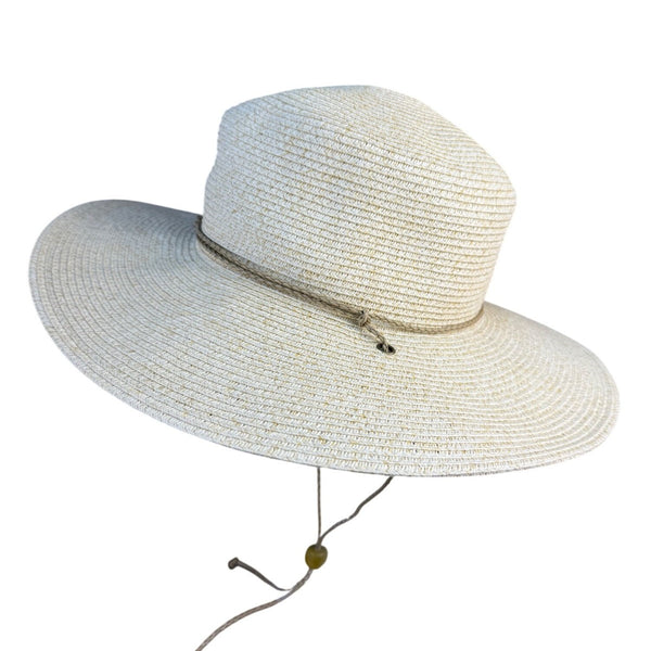Nine West Womens Beige Straw Wide Brim Sun Hat With Chin Cord Lightweight Summer