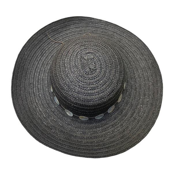 Flora Bella Womens Black Straw Hat W/Mother-Of-Pearl Accents Sun Protection