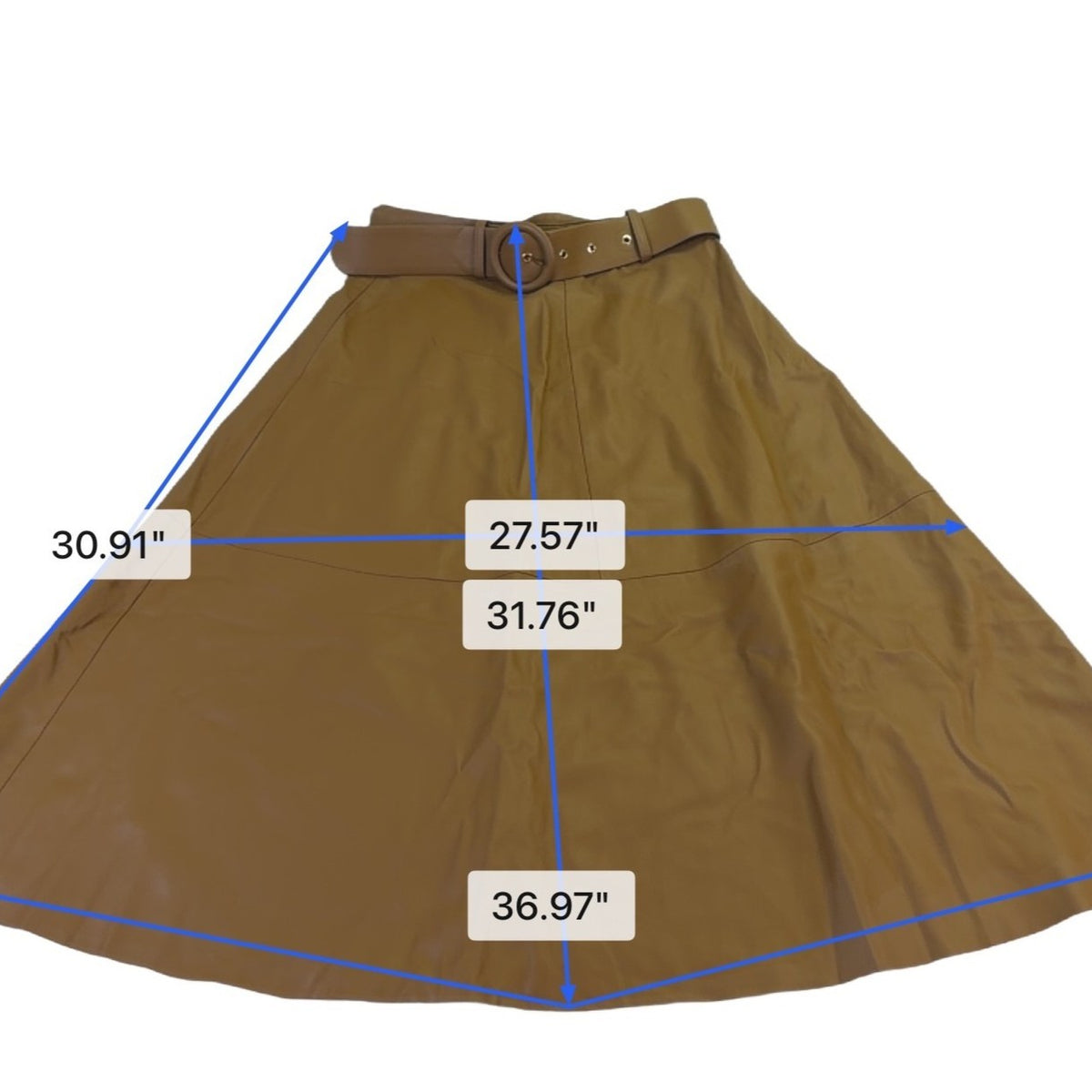 Zara Womens Tan Faux Leather Belted A-Line Midi Skirt Stylish Flared Design Sz S