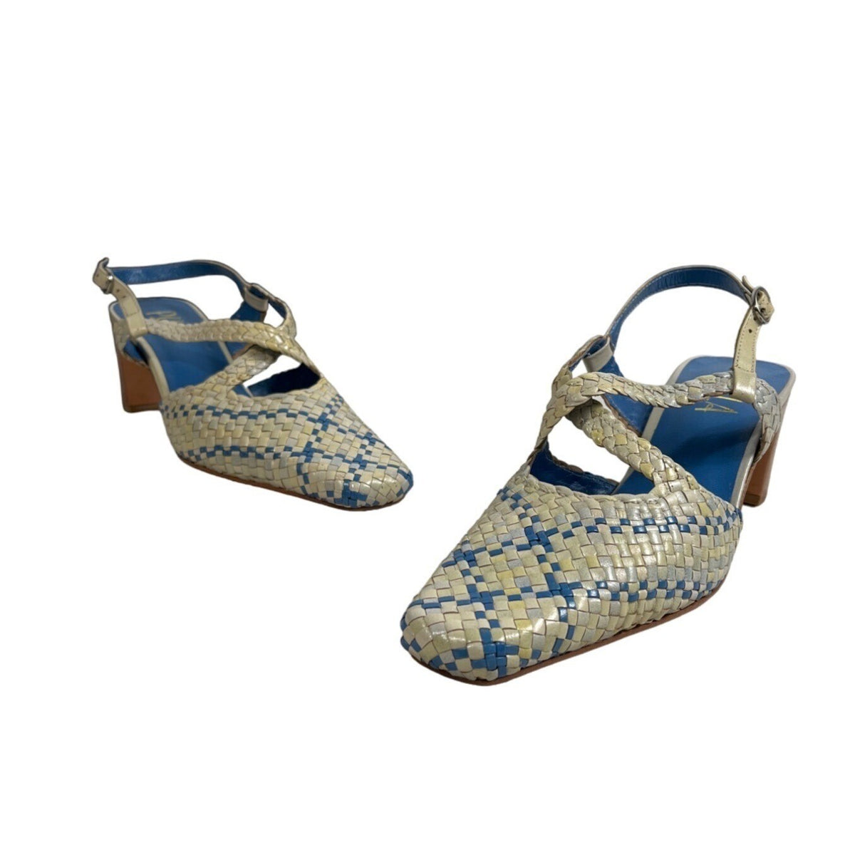Pula Women’s  Yellow Blue Squared Toe Heeled Sandals Sz 6B