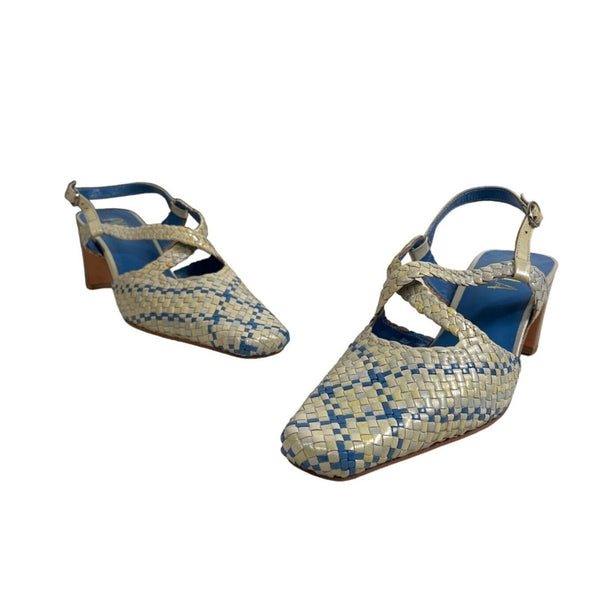 Pula Women’s  Yellow Blue Squared Toe Heeled Sandals Sz 6B