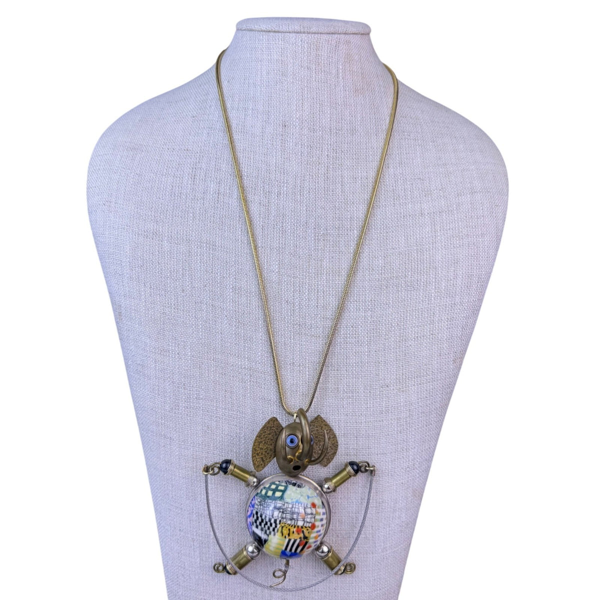 Handcrafted Mixed Brass Necklace Elephant Pendant Porcelain Artistic Design