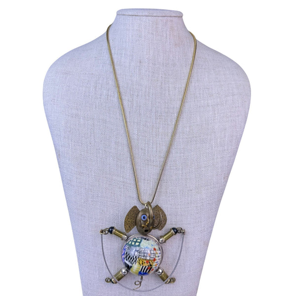 Handcrafted Mixed Brass Necklace Elephant Pendant Porcelain Artistic Design