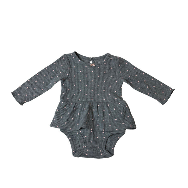 Carters Baby Girl 6M Long Sleeve Grey Bodysuit Pink Polka Dots - New