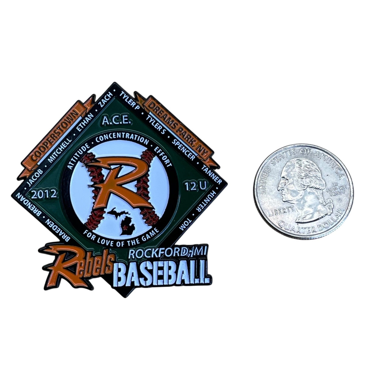 Rebels Rockford MI Baseball Pin Cooperstown Dreams Park 2012 A.C.E. 12U