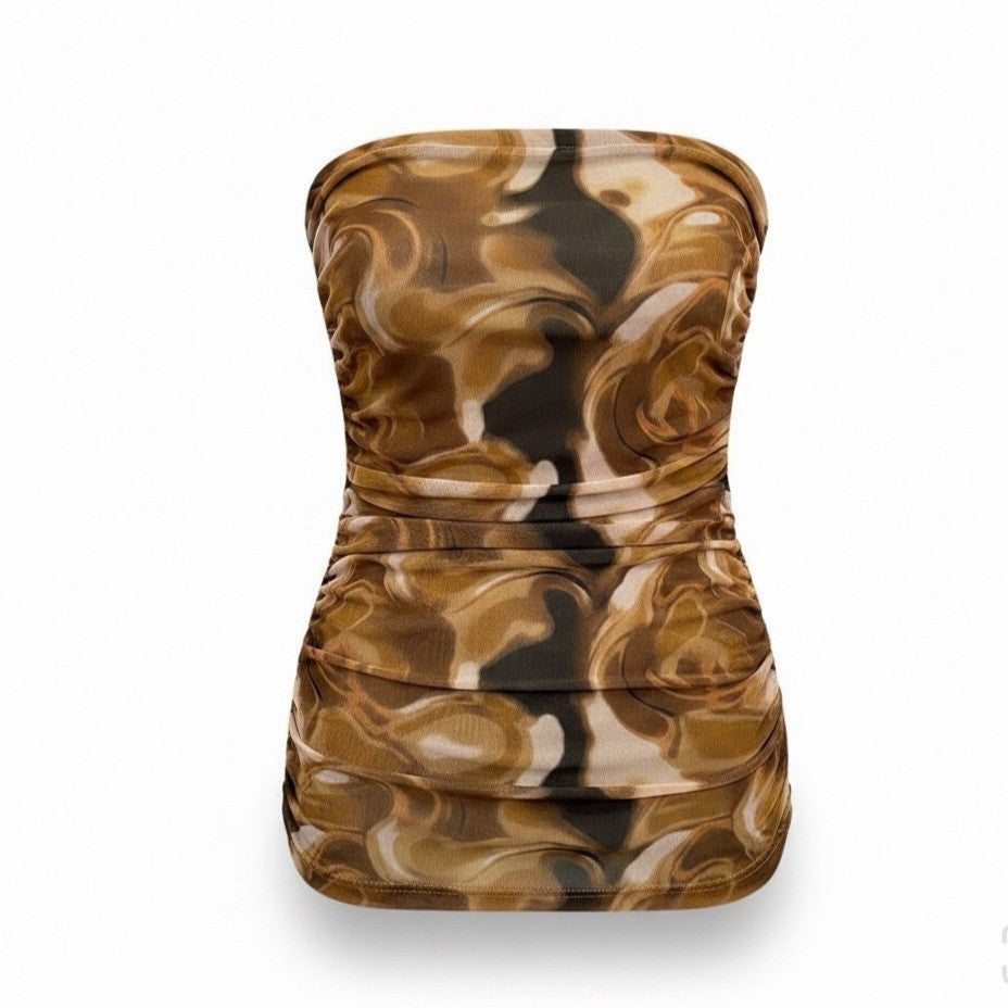 Fashion Nova Brown Multicolor Mesh & Stretch Mini Ruched Tube Dress Size L