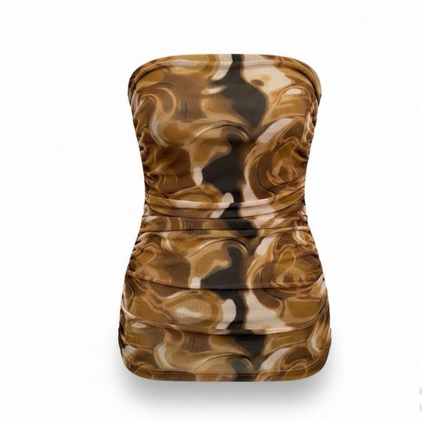 Fashion Nova Brown Multicolor Mesh & Stretch Mini Ruched Tube Dress Size L