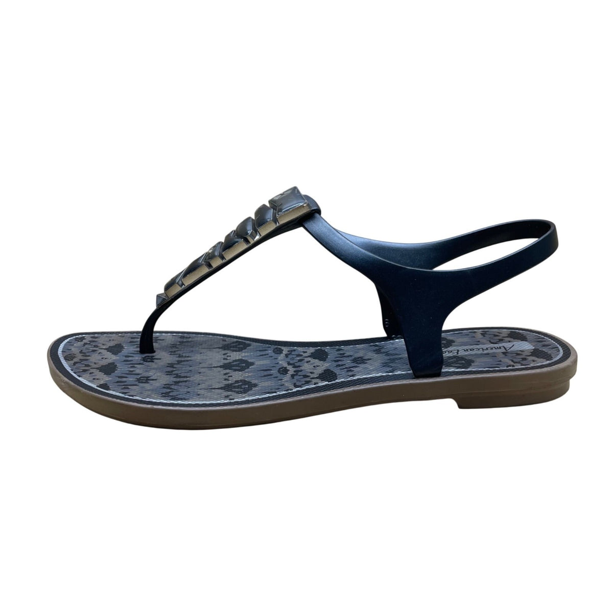 American Eagle Women’s Black Rubber Animal Print Studded T-Strap Sandals Size 9