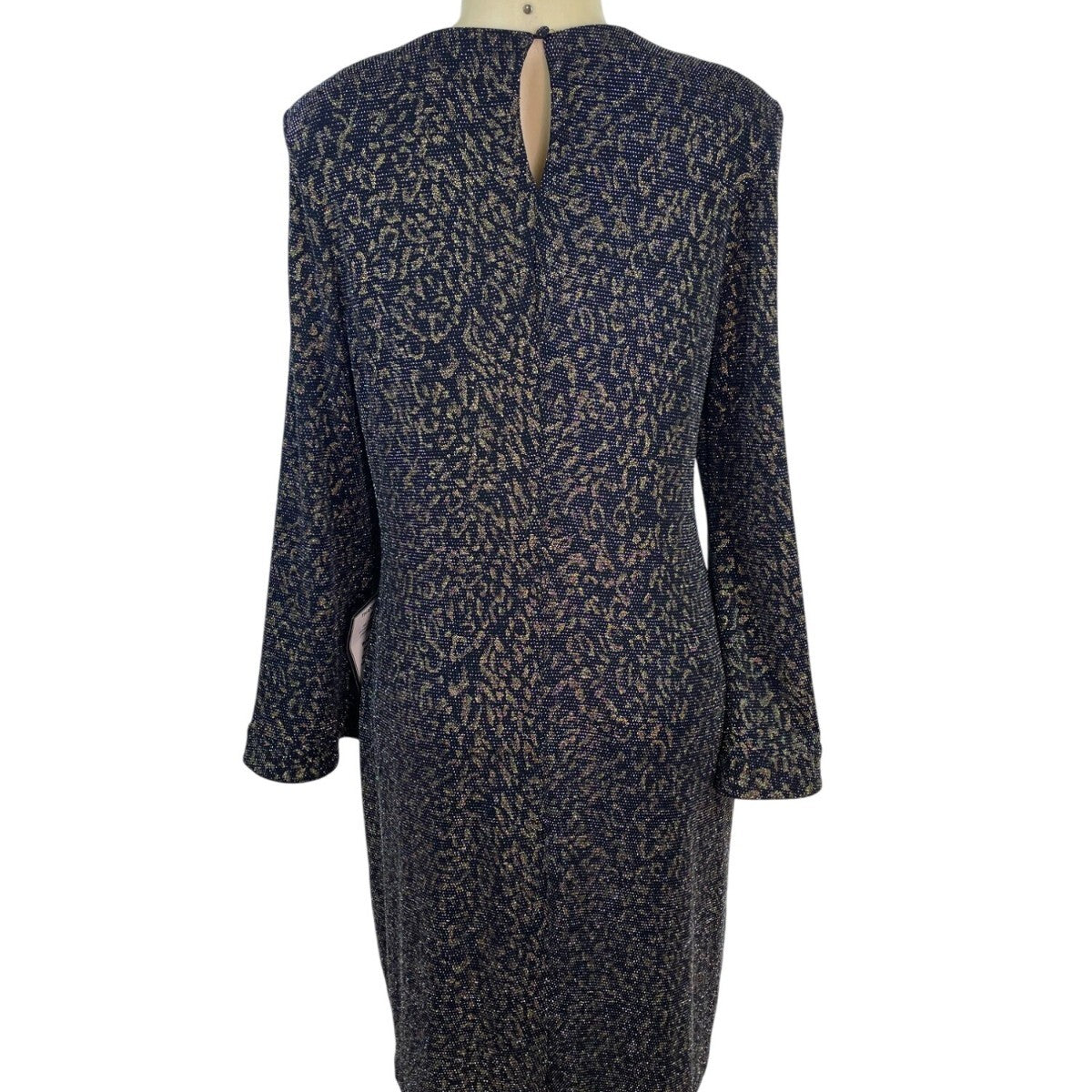 MSK Womens Metallic Knit Bell Sleeve Dress Black/Gold Keyhole Back Sz L - New