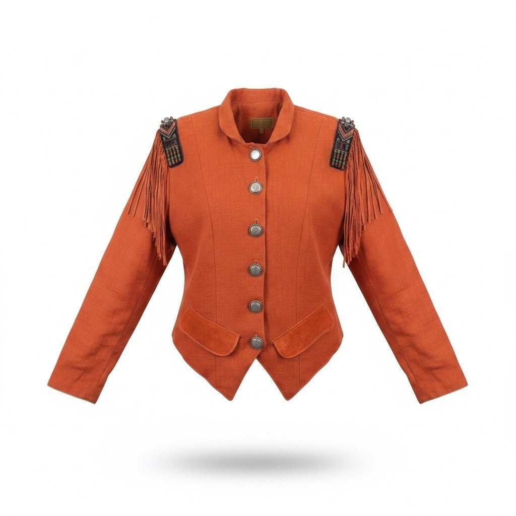 Double D Ranch Brand Womens Orange Linen Beaded Fringe Western Jacket Size M