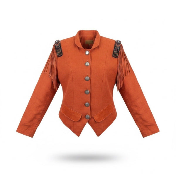 Double D Ranch Brand Womens Orange Linen Beaded Fringe Western Jacket Size M