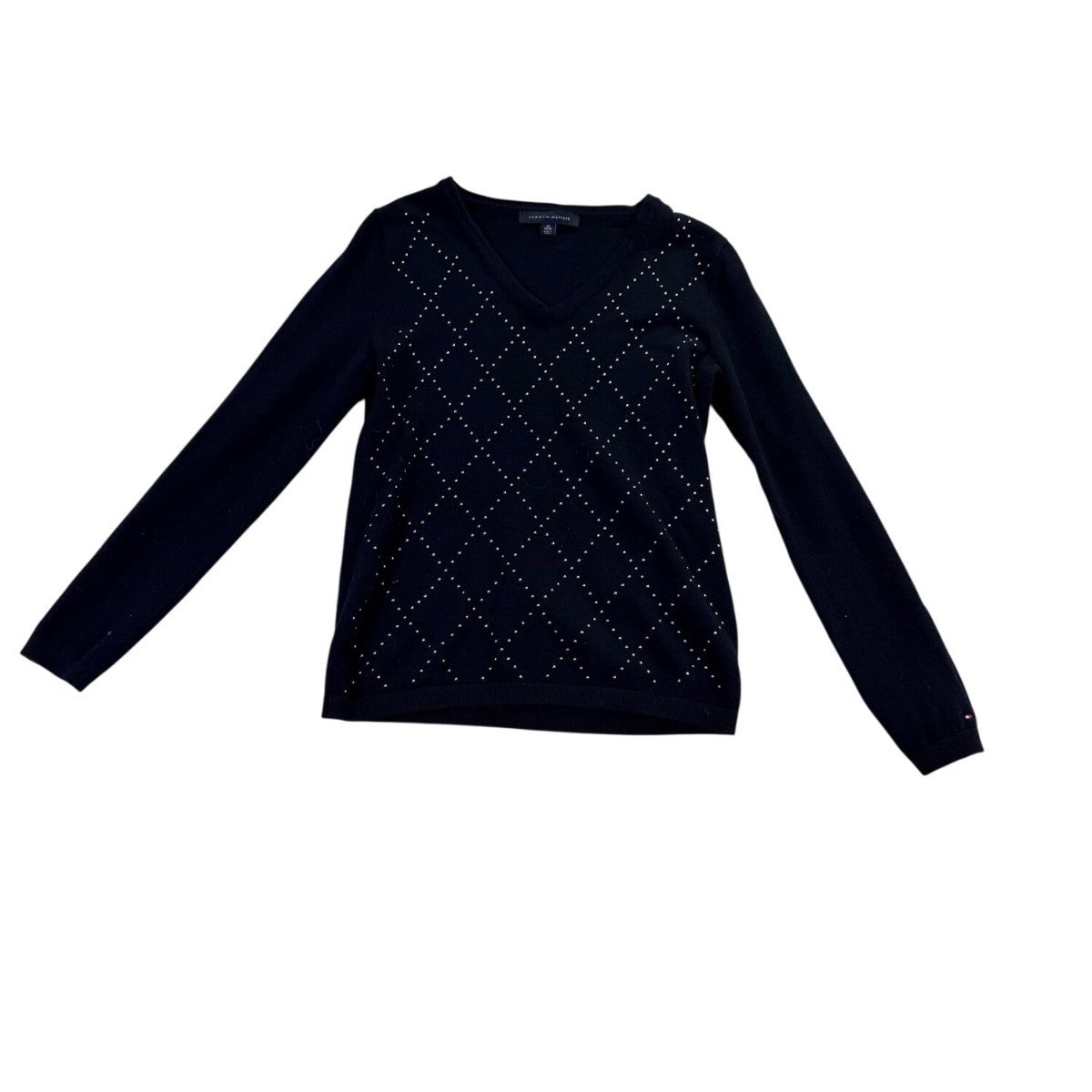 Tommy Hilfiger Womens Navy Cotton Sweater V-Neck Argyle Studded Design Sz XS