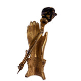 Vintage Unknown Gold Tone Metal & Enamel Hand Holding Rose Flower Brooch Pin