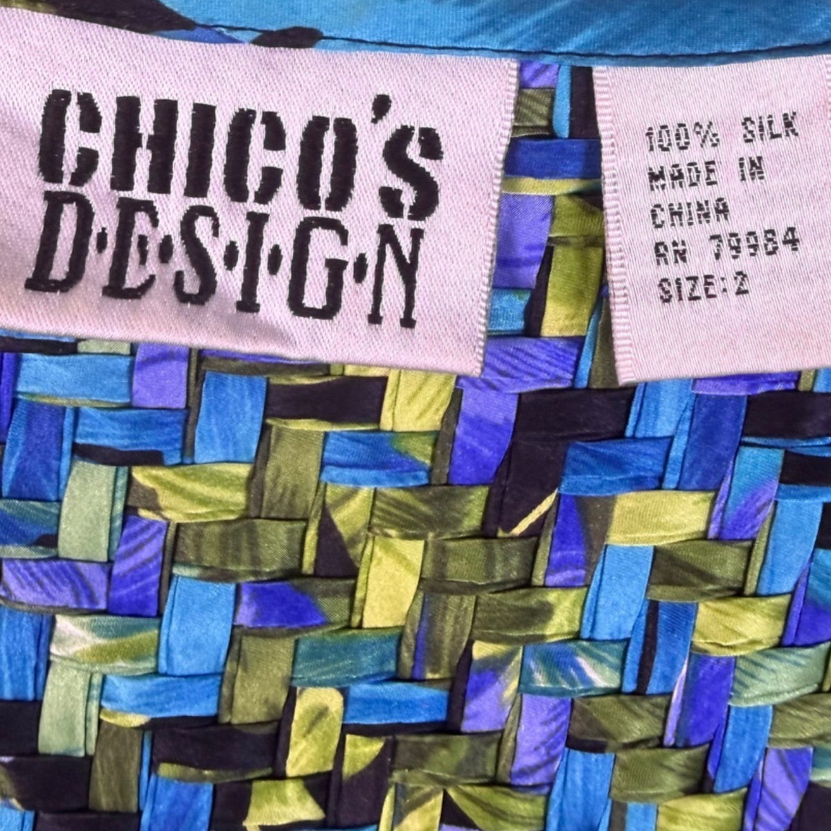 Chicos Design Womens Blue Yellow Multicolor 100% Silk Open Front Jacket Size 2