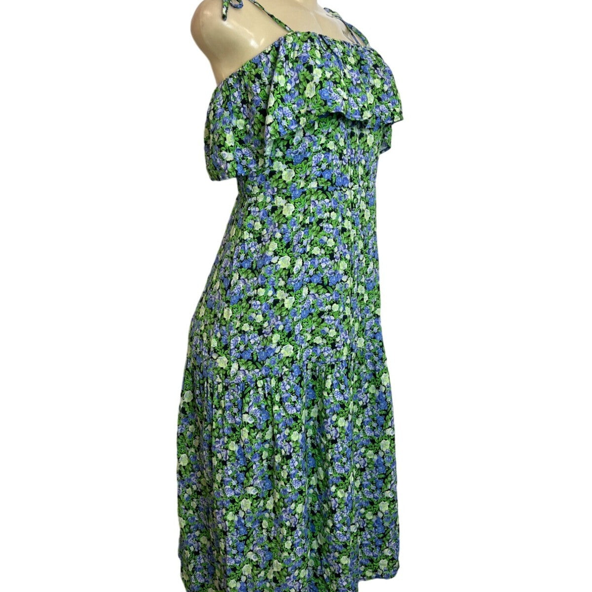 Hit Women's Green Floral Print Midi Loupette Sleeveless Dress Sz M