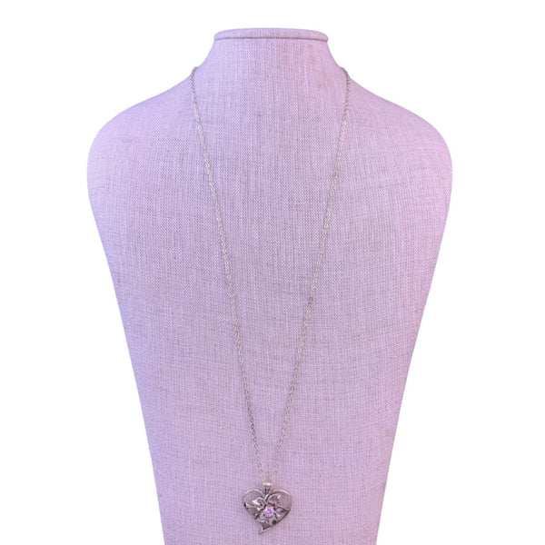 Sterling Silver 925 Womens Purple Crystal Flower Heart Pendant Necklace Italy