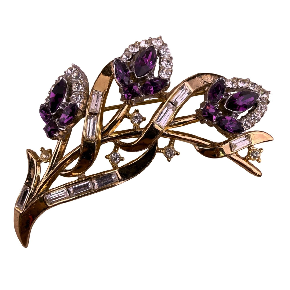  Trifari Women Gold Tone Floral Design Brooch Alfred Philippe 1953 Purple