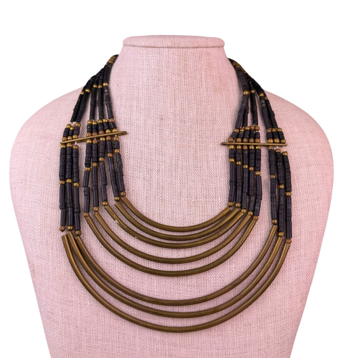 Vintage Black & Gold Tone Brass Multi-Strand Tribal Boho Beaded Necklace