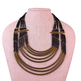 Vintage Black & Gold Tone Brass Multi-Strand Tribal Boho Beaded Necklace