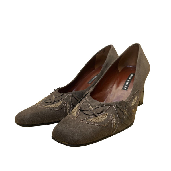 Sesto Meucci Women's Gray Suede Floral Embroidered Block Heels Size 8M
