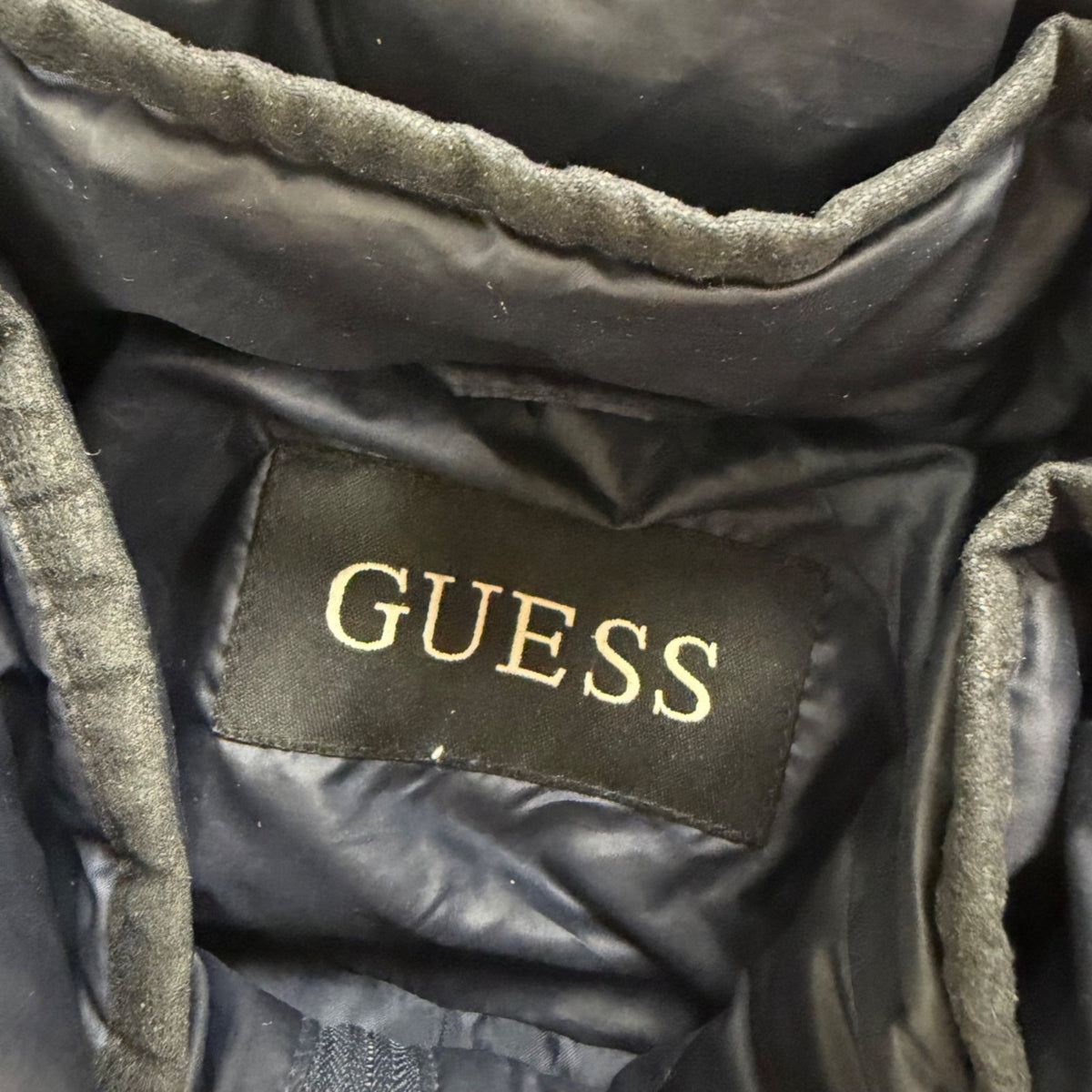 Guess Womens Navy Puffer Coat Faux Fur Hood Quilted Design Knee-Length Sz L