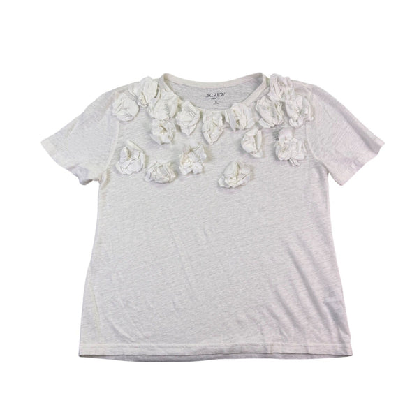J.Crew Womens White Linen Tee Floral Appliqué Short Sleeve Casual Top Size S