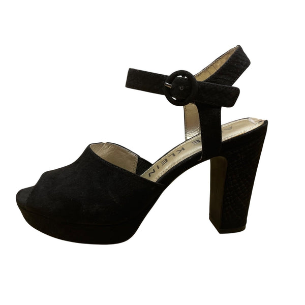 Anne Klein Women’s Black Suede Open Toe Buckle Strap Pearlina Heels Size 7.5 M