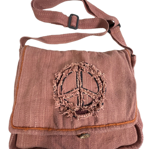 Kathmandu Imports Women's Brown Peace Symbol Embroidered Crossbody Bag Sz M
